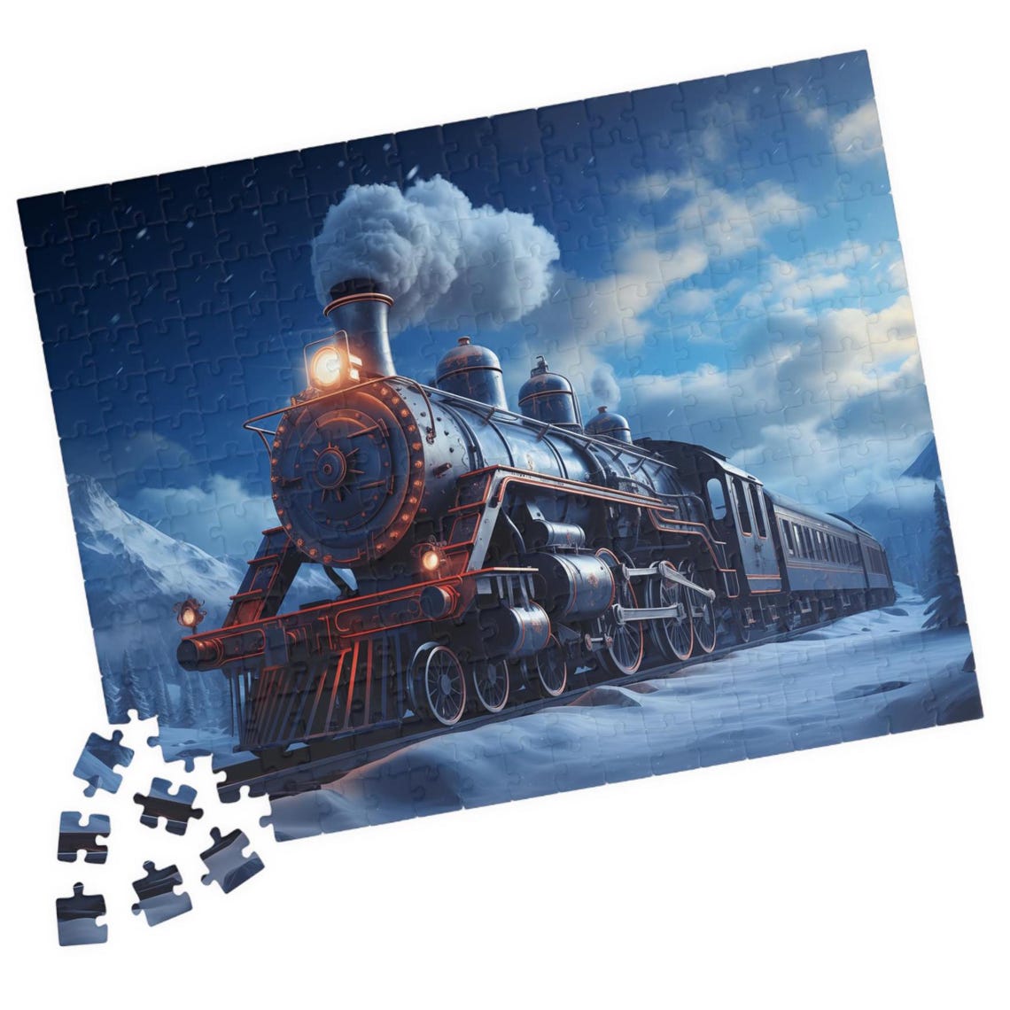 Steam Train Gliding Through Snow Under Bright Moonlight Poster - Image 2