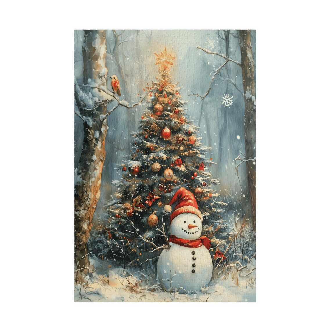 Friendly Snowman Standing By A Grand Christmas Tree Art Poster - Image 3
