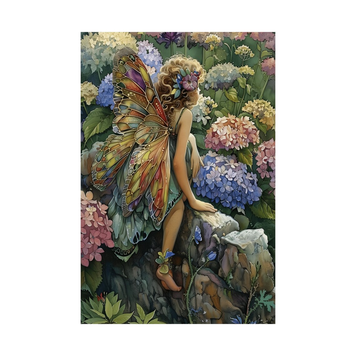 Hydrangea Garden Fairy Stained Glass Wings Floral Watercolor Poster - Image 3