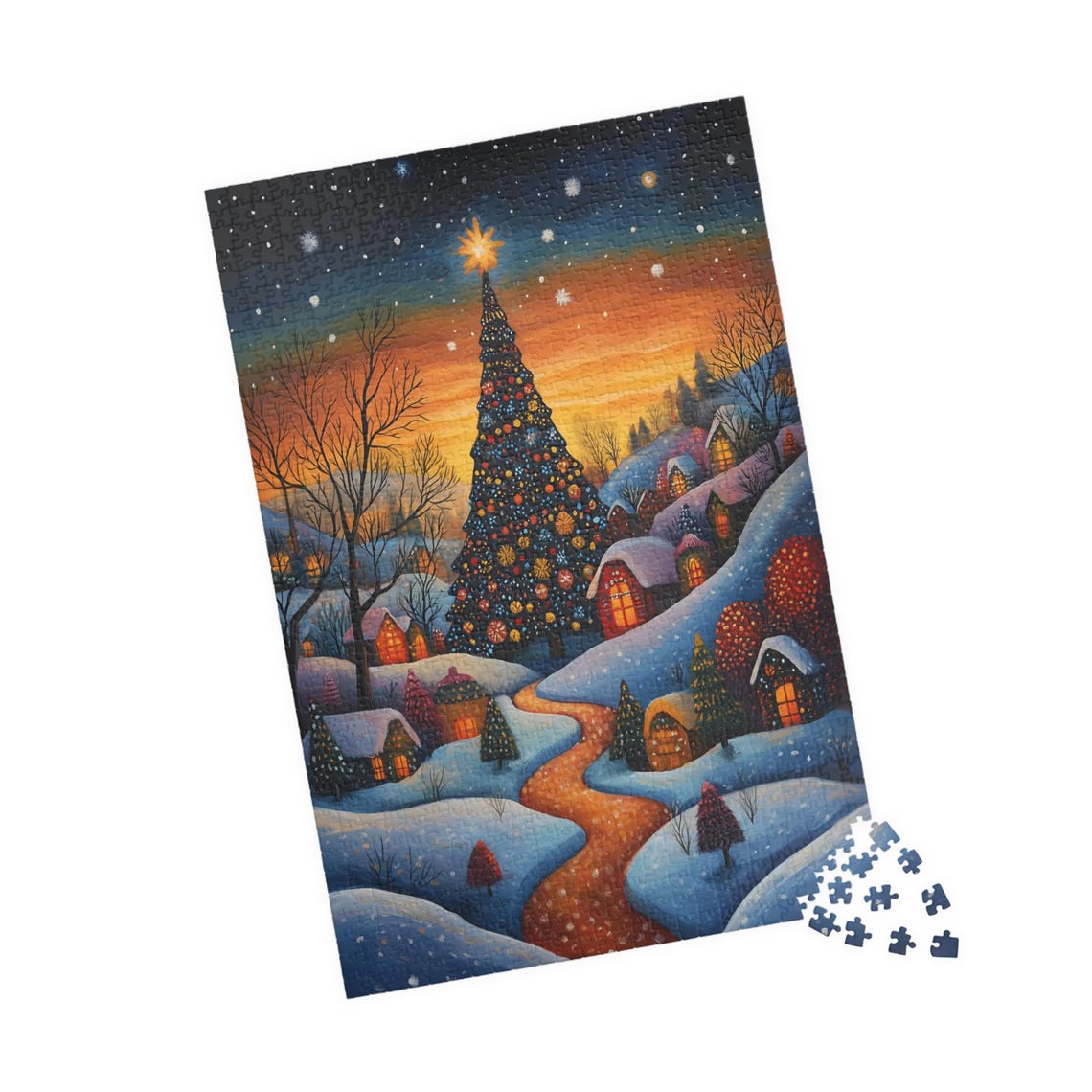 Folk Art Christmas Village With Giant Tree at Sunset Snow Night Poster - Image 4