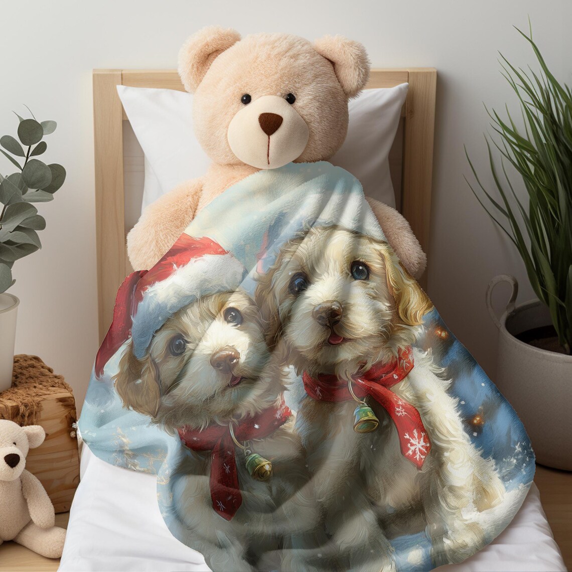 Two Doodle Puppies in Santa Hats and Red Scarves Christmas Dog Poster - Image 2
