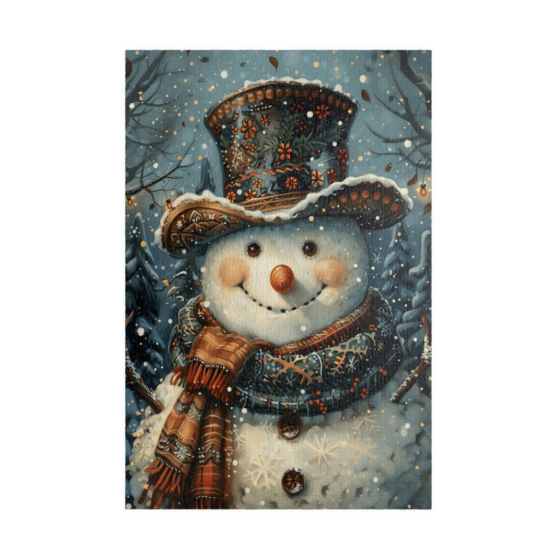 Jolly Snowman Vintage Floral Top Hat Winter Night Snow Poster - Image 3
