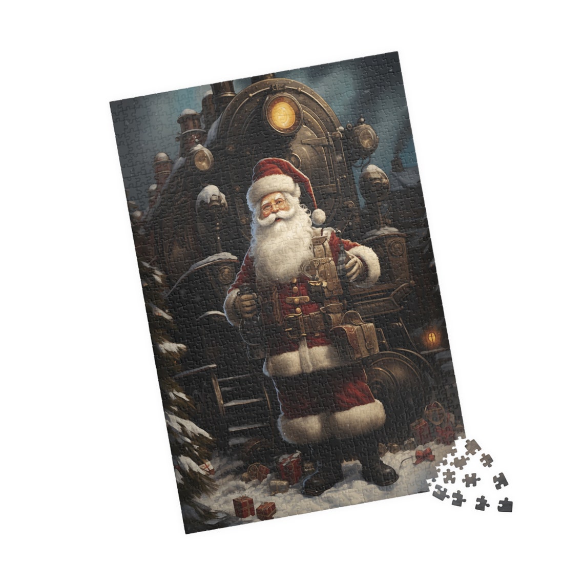 Steampunk Santa Claus Standing Before Vintage Train Art Poster - Image 4