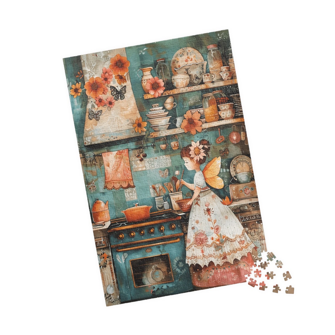 Fairy Girl in a Turquoise Vintage Kitchen with Orange Flowers Print - Image 4