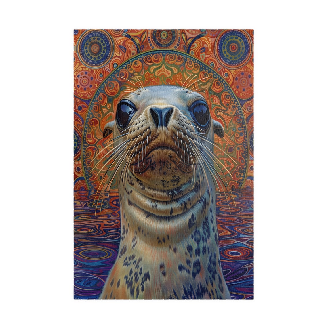 Baby Seal Close Up Portrait with Psychedelic Mandala Background Print - Image 3
