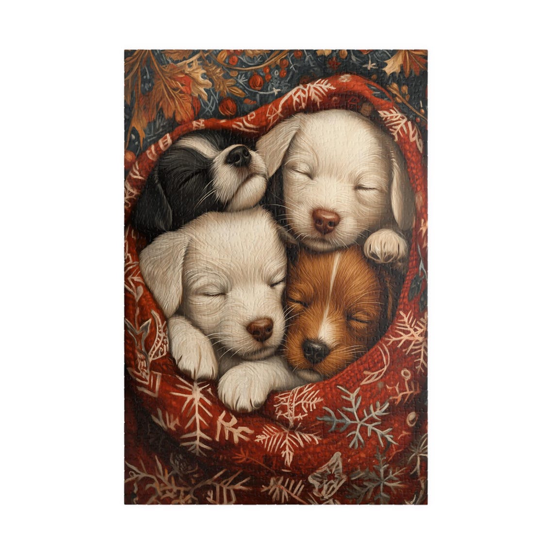 Four Sleeping Puppies in a Red Snowflake Blanket Cute Dog Art Poster - Image 3