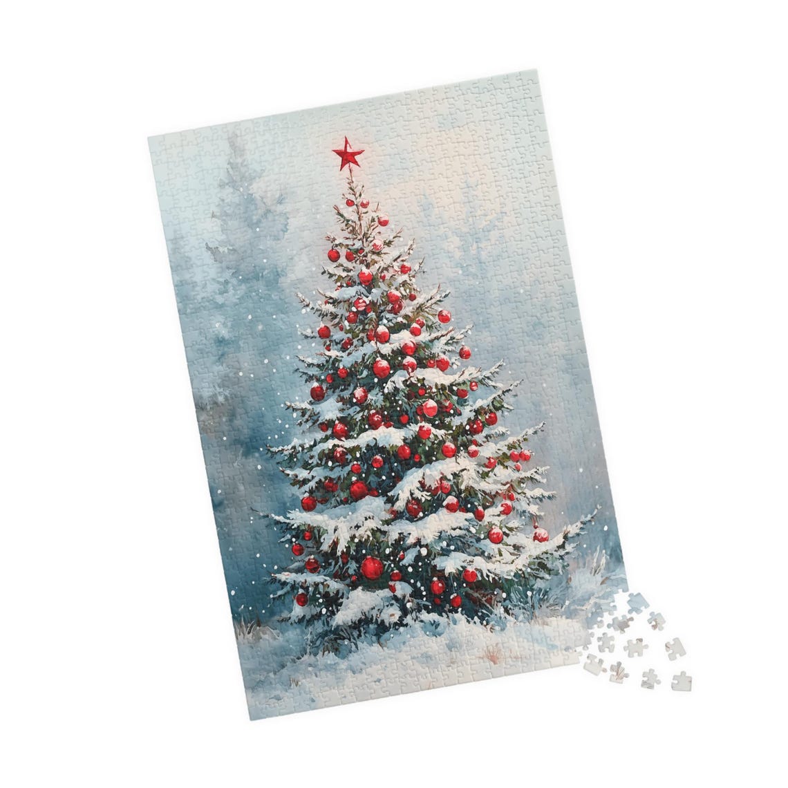 Snowy Christmas Tree With Red Ornaments and Star Topper Wall Poster - Image 4