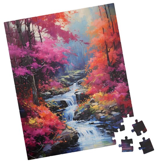 Autumn Forest Stream Waterfall Pink Orange Fall Foliage Poster