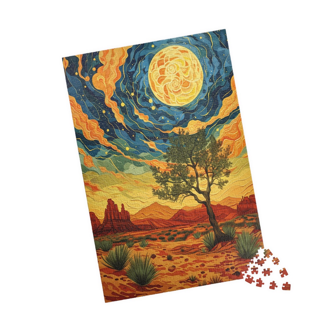 Swirling Golden Moon Over Starry Desert Night Sky Art Poster - Image 4