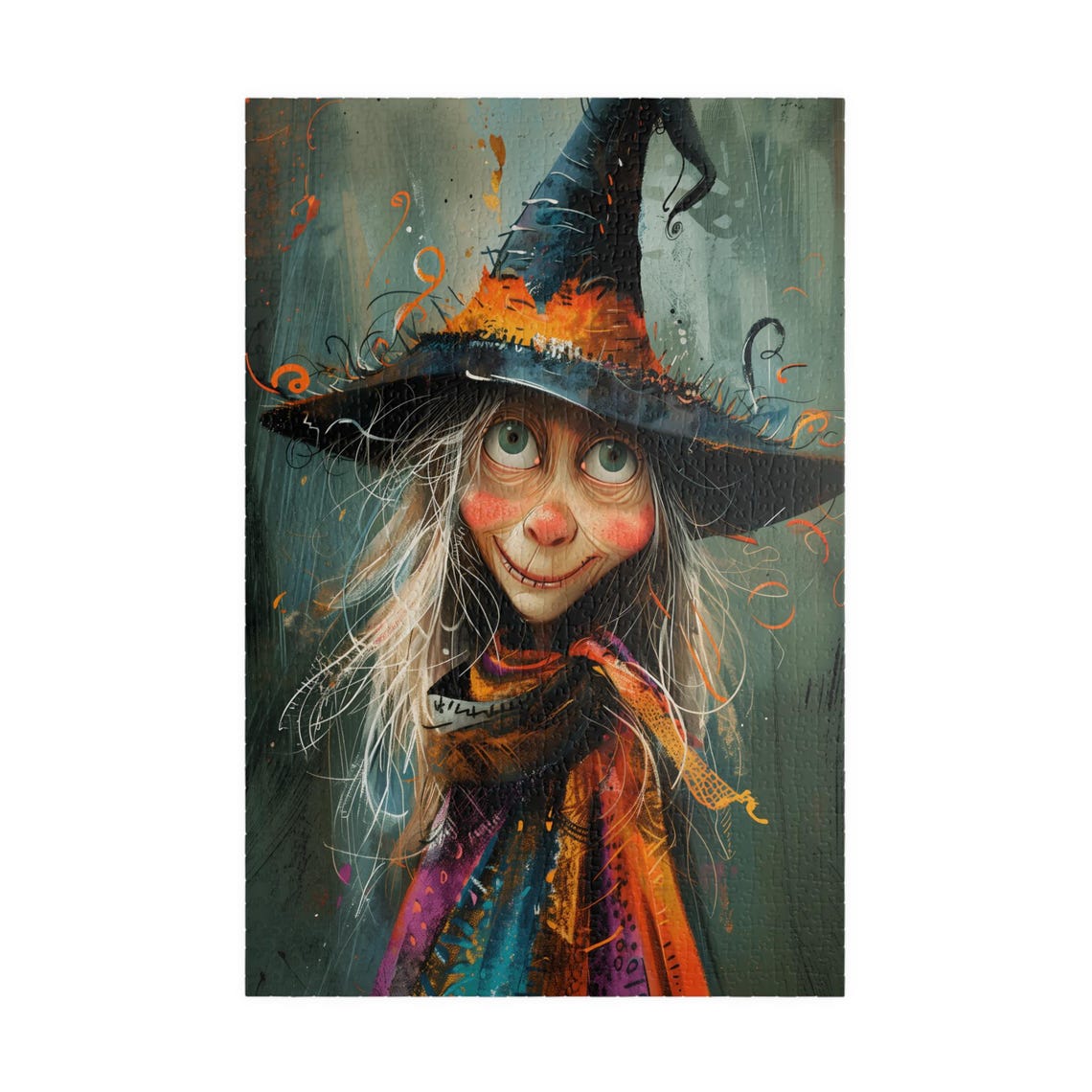 Whimsical Witch Girl Big Green Eyes Painterly Style Art Poster - Image 4