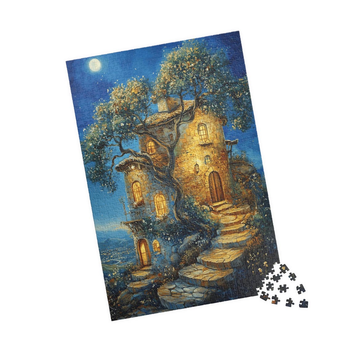 Moonlit Stone Cottage With Glowing Windows Under The Stars Art Print - Image 4