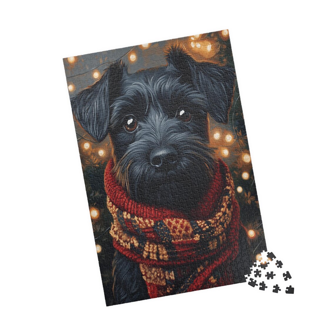 Black Schnauzer Dog With Knit Scarf Holiday Jigsaw Puzzle Print - Image 4