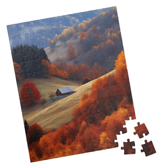 Autumn Mountain Cabin Surrounded by Fiery Red Fall Foliage Print