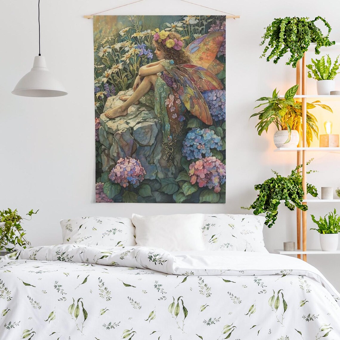 Fairy Resting on Rock Hydrangeas Rainbow Wings Floral Art Poster - Image 2