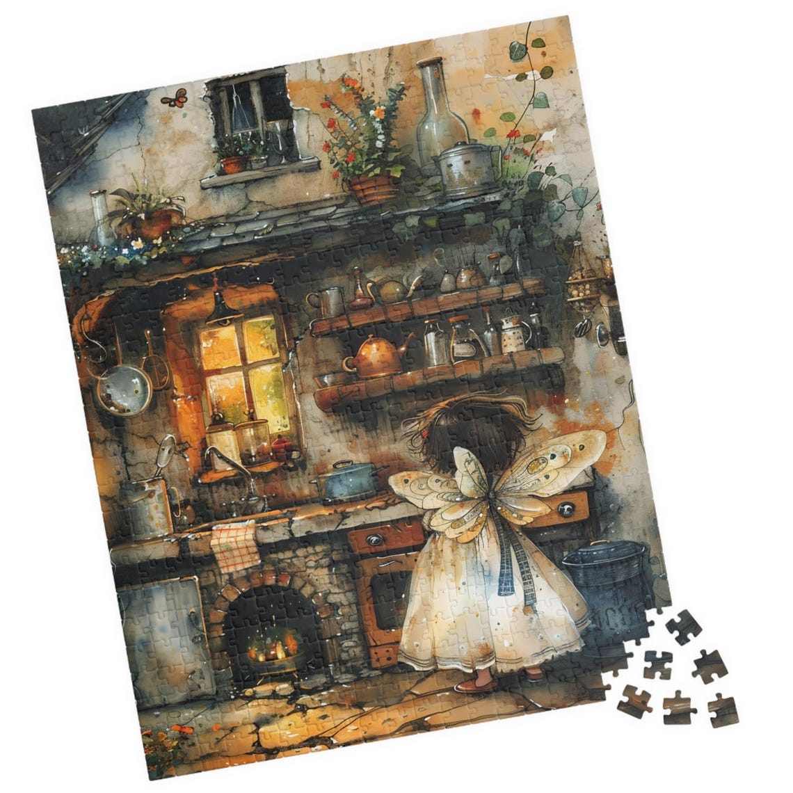 Fairy Girl Cooking by a Cozy Fireplace in a Cottage Kitchen Print