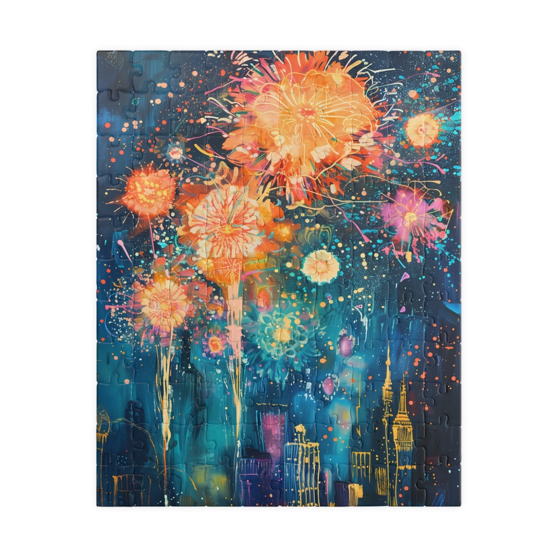 Abstract Fireworks over City Skyline at Night Celebration Art Print - Image 2