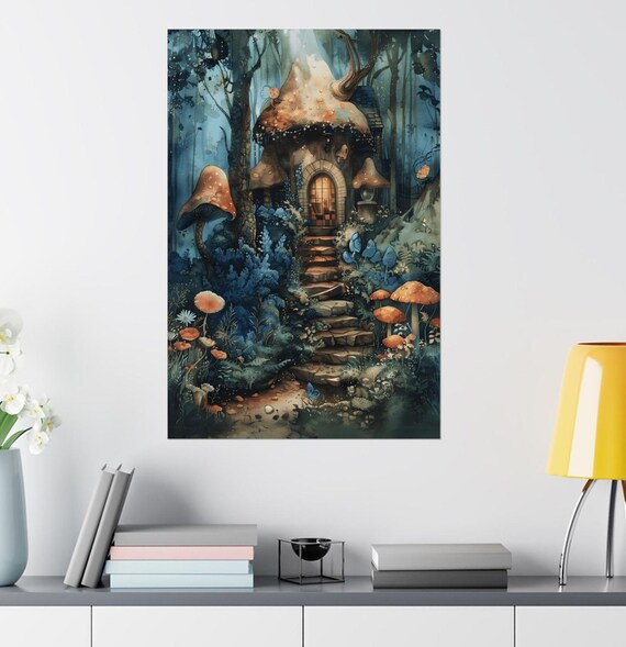 Whimsical Mushroom House Cottage Magical Forest Artwork Poster