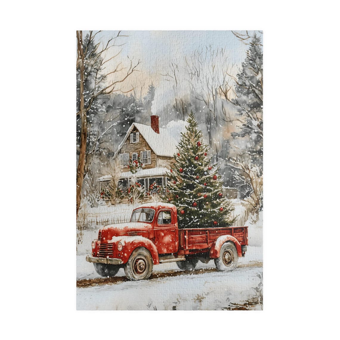 Vintage Red Truck Carrying Christmas Tree Past Farmhouse Snow Poster - Image 3