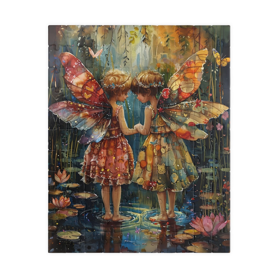 Two Little Fairies Pond Lily Pads Colorful Wings Watercolor Poster - Image 2