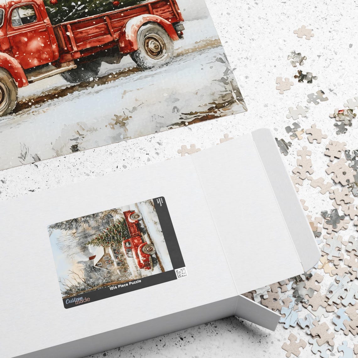 Vintage Red Truck Carrying Christmas Tree Past Farmhouse Snow Poster - Image 2