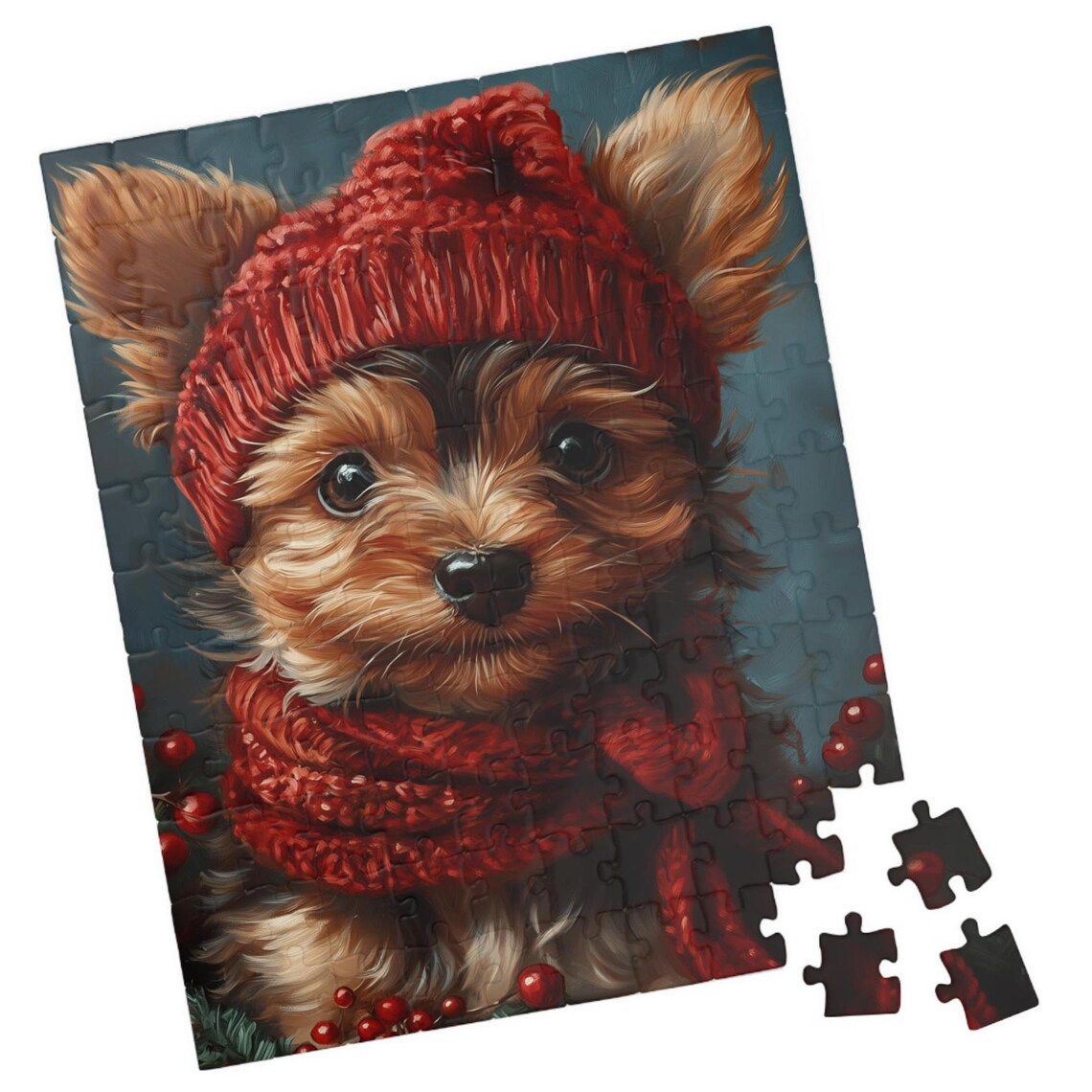 Adorable Yorkie Puppy In Red Knit Hat And Scarf Portrait Art Poster