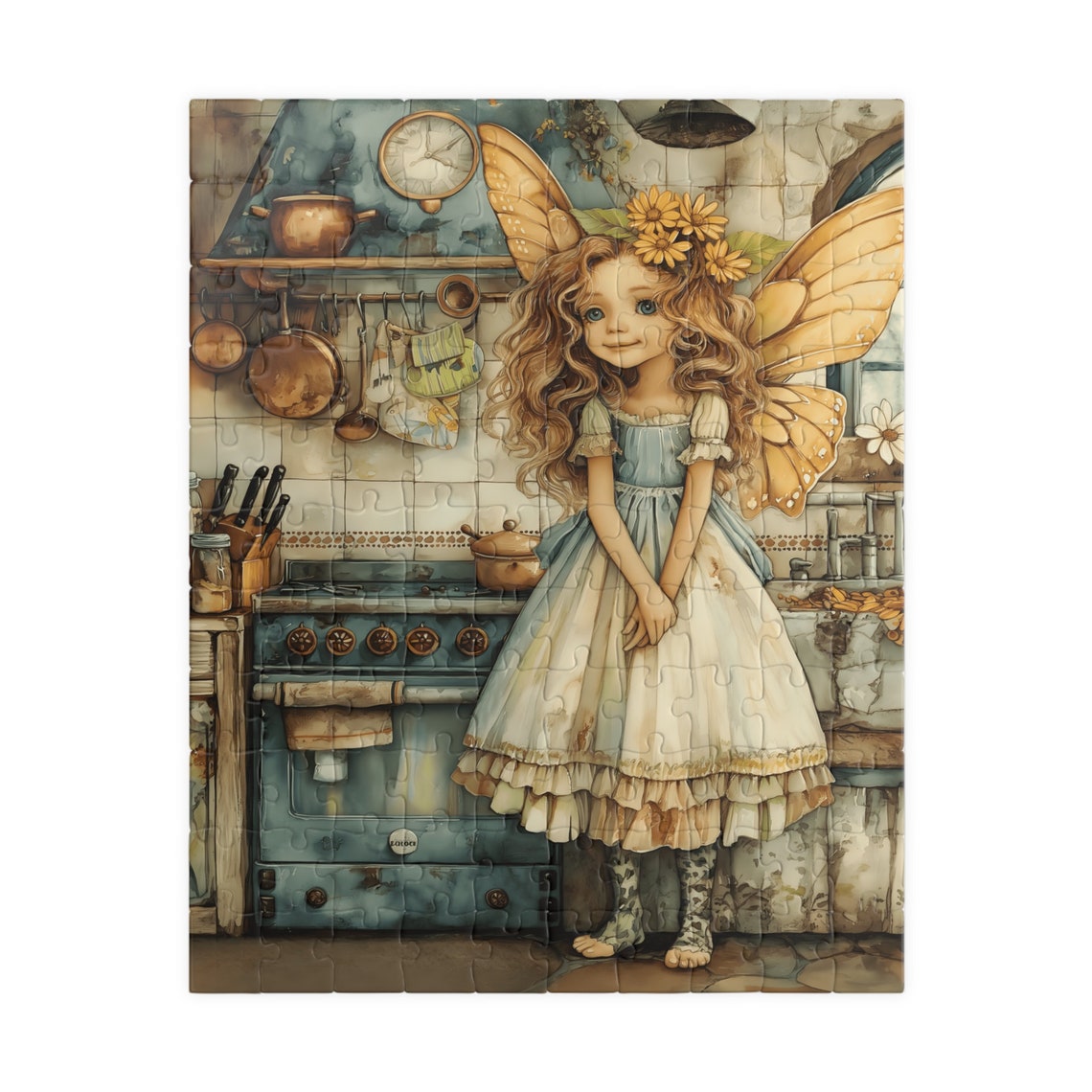 Smiling Fairy Girl with Butterfly Wings in a Rustic Kitchen Print - Image 2
