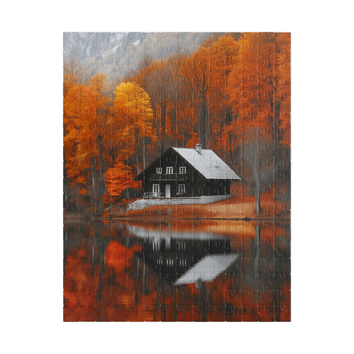 Lakeside Cottage in Autumn Reflected in Still Lake Orange Trees Poster - Image 5