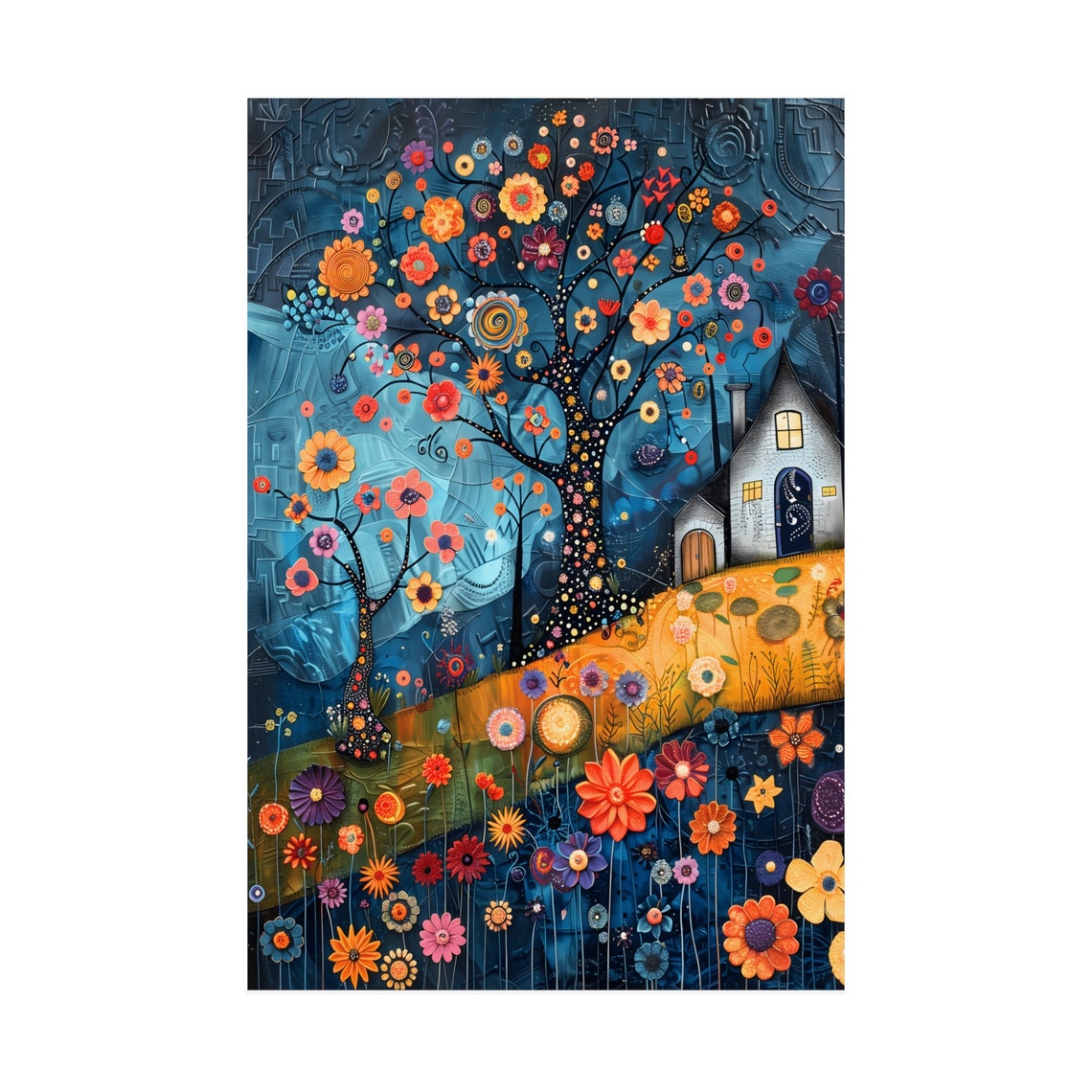 Folk Art Floral Tree by the Farmhouse Cottage at Night Art Print - Image 3