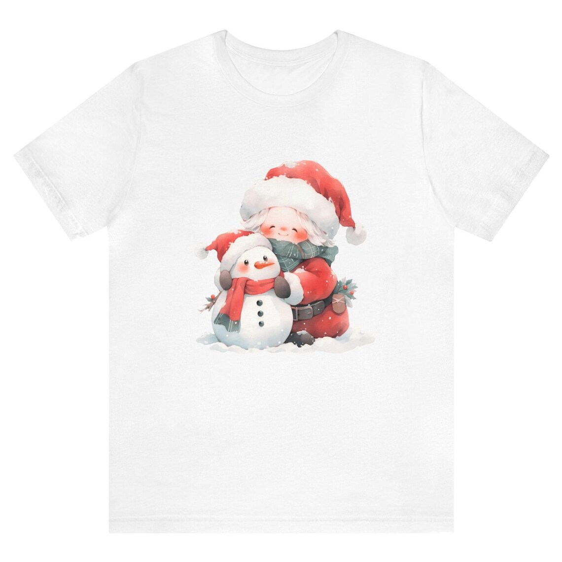 Cute Santa Girl Hugging Snowman Cozy Watercolor Christmas Art Poster - Image 5