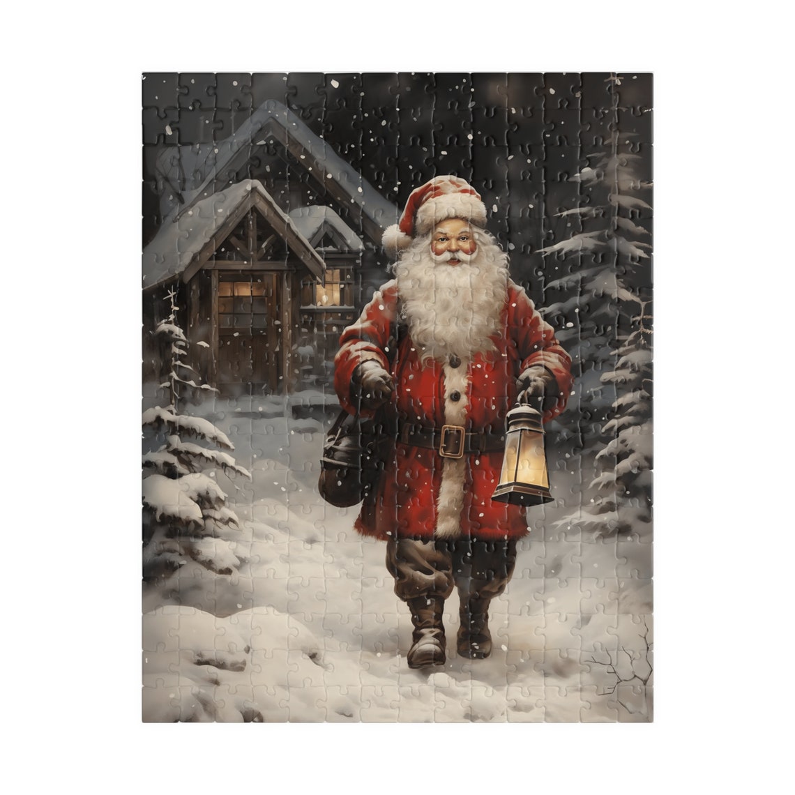Santa Claus Walking in Snow With Lantern by Cozy Cabin at Night Poster - Image 5