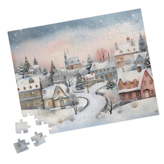 Snowy European Village Pastel Houses Church Winter Art Poster