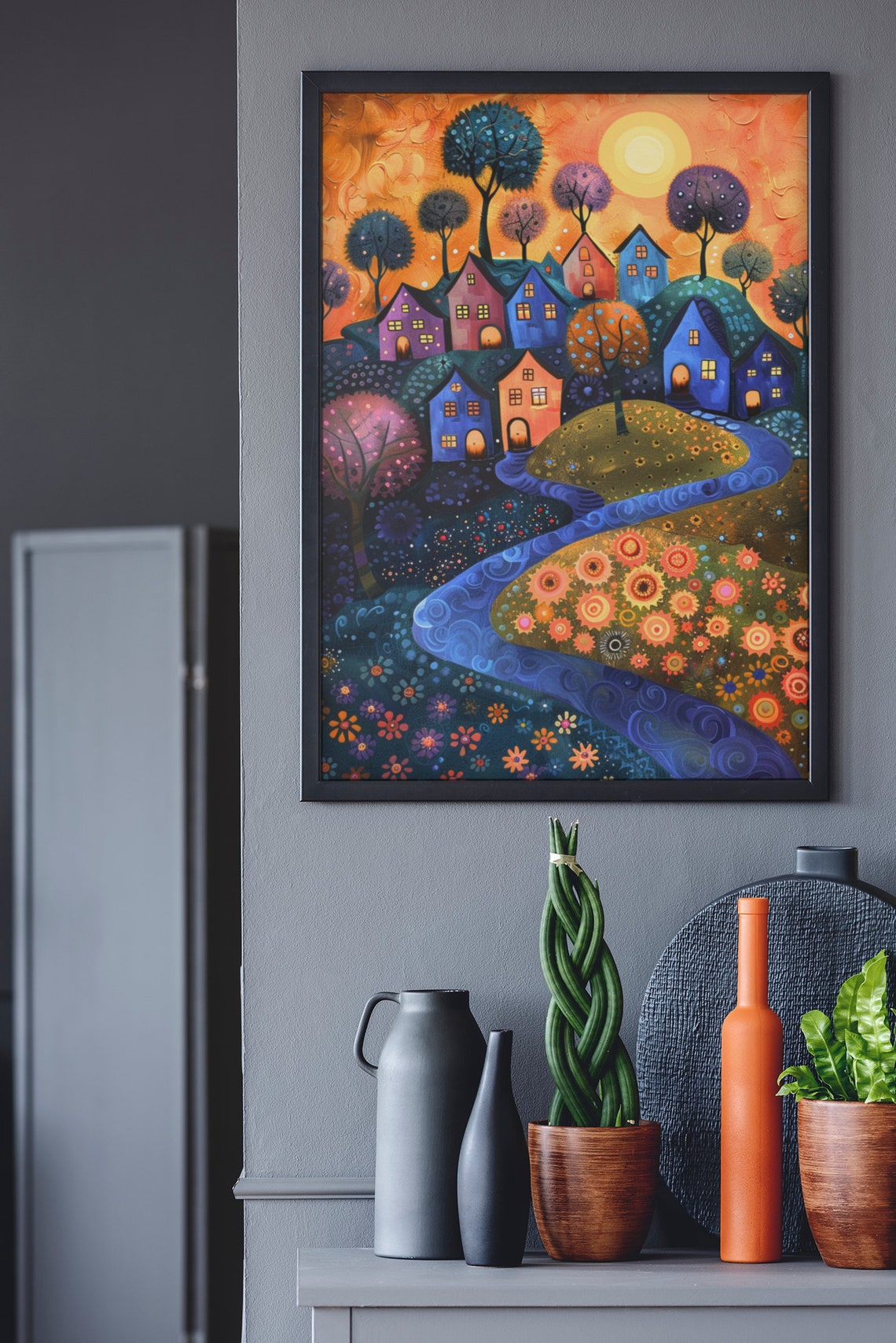 Whimsical Village Art Printposter Colorful Folk Art Town Fantasy Art Decor For Bedroom Office Laundry Livingfamily Room Or Nursery - Image 2