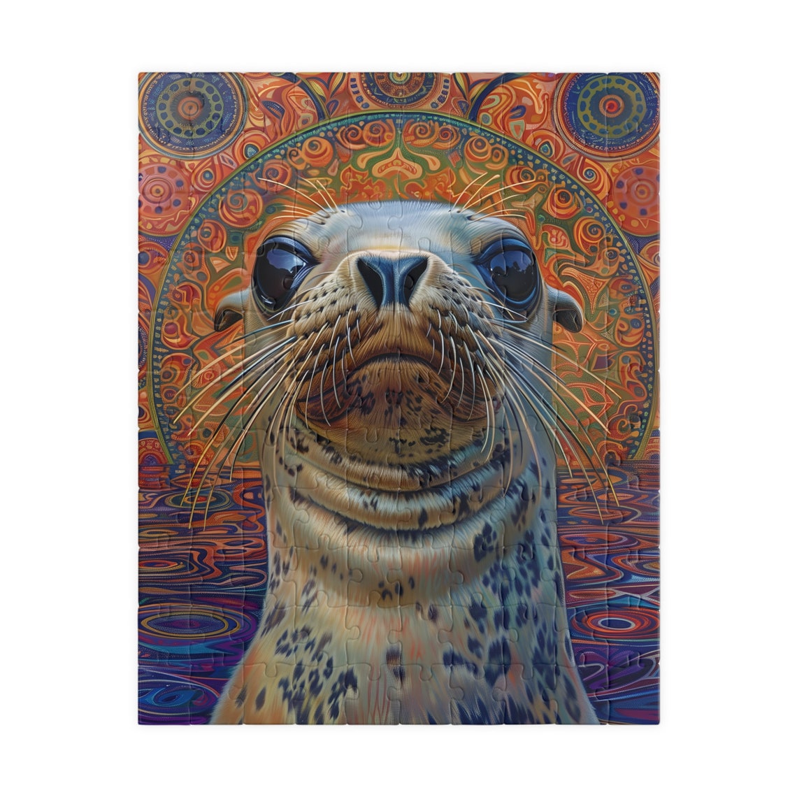 Baby Seal Close Up Portrait with Psychedelic Mandala Background Print - Image 2