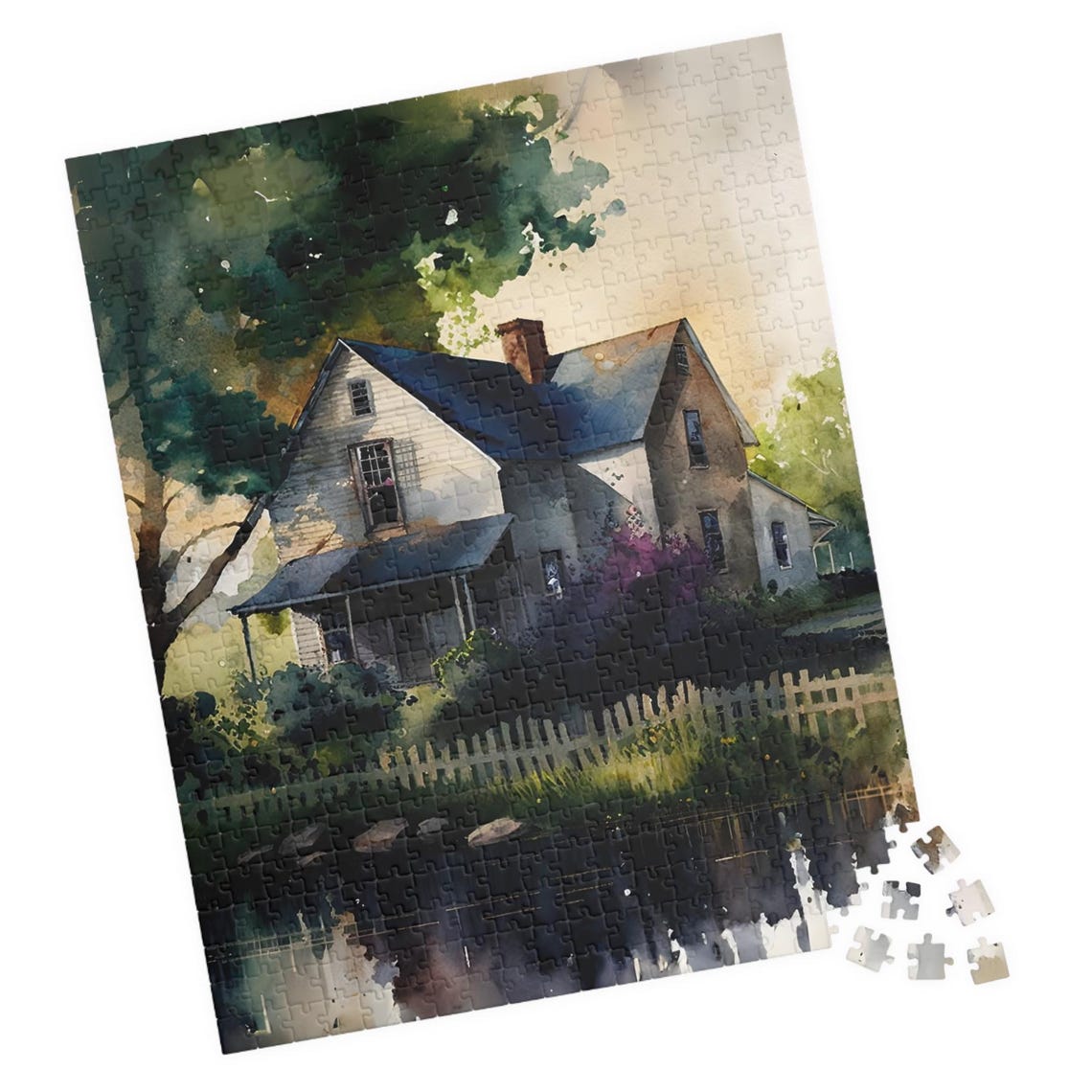 Watercolor Farmhouse Pond Picket Fence Country Home Art Poster