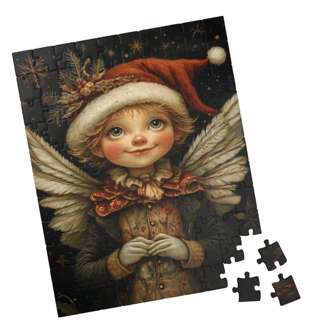 Little Boy Angel Santa Hat Victorian Coat Snowy Night Poster