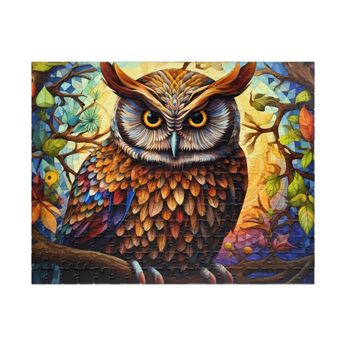 Colorful Mosaic Owl Perched on a Branch in Stained Glass Style Print - Image 2