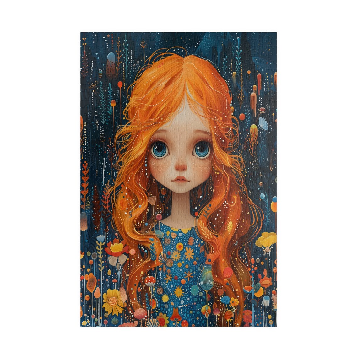 Girl with Orange Hair and Blue Eyes Whimsical Folk Art Portrait Poster - Image 3