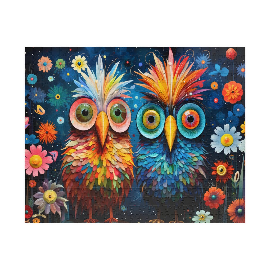 Two Whimsical Colorful Owls in a Night Flower Garden Scene Poster - Image 5