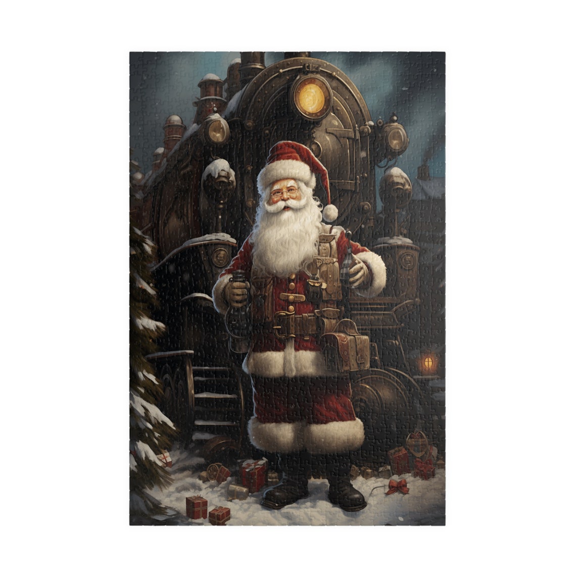 Steampunk Santa Claus Standing Before Vintage Train Art Poster - Image 3