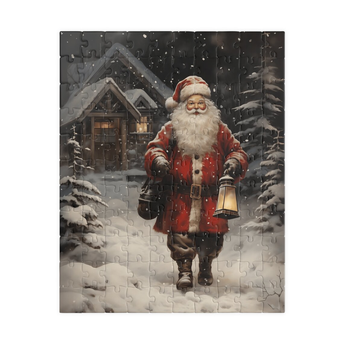Santa Claus Walking in Snow With Lantern by Cozy Cabin at Night Poster - Image 2