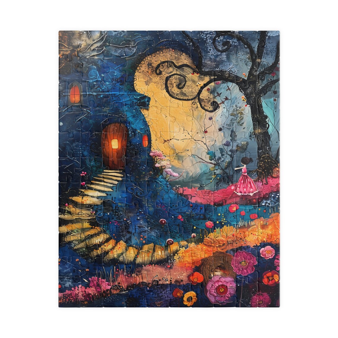 Moonlit Tree Cottage With Little Girl Pink Dress Night Fantasy Poster - Image 2