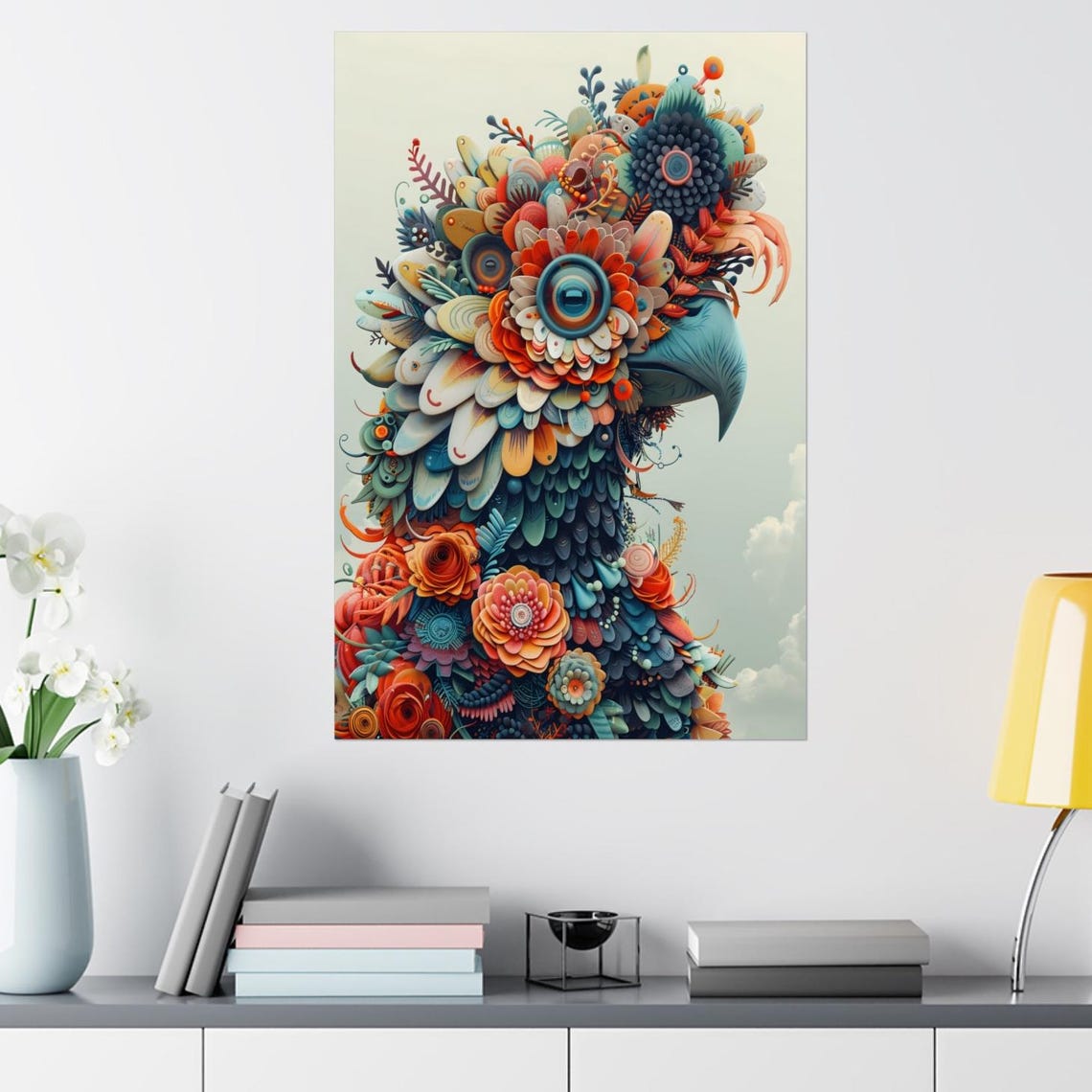 Colorful Parrot Head Portrait Made Entirely of Paper Flowers Poster