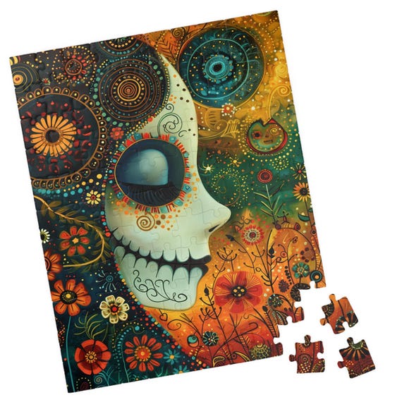 Whimsical Sugar Skull With Flowers Jigsaw Puzzle Gift For Holidays Birthday Get Well And Nursing Homes Fun Tech Free Family Activity
