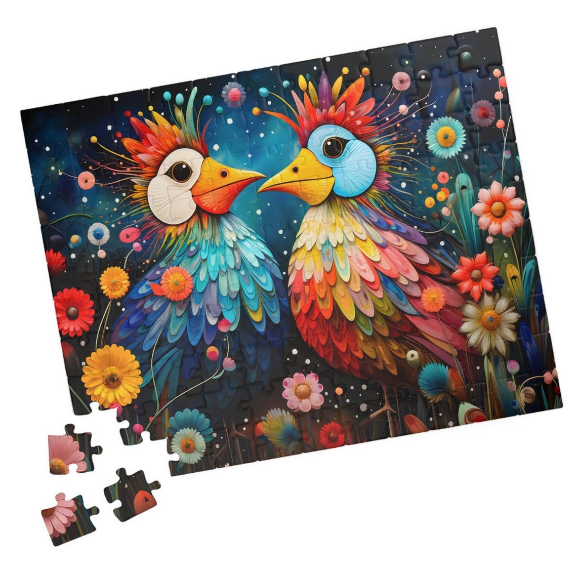 Two Whimsical Birds in a Night Bloom Flower Garden Scene Poster