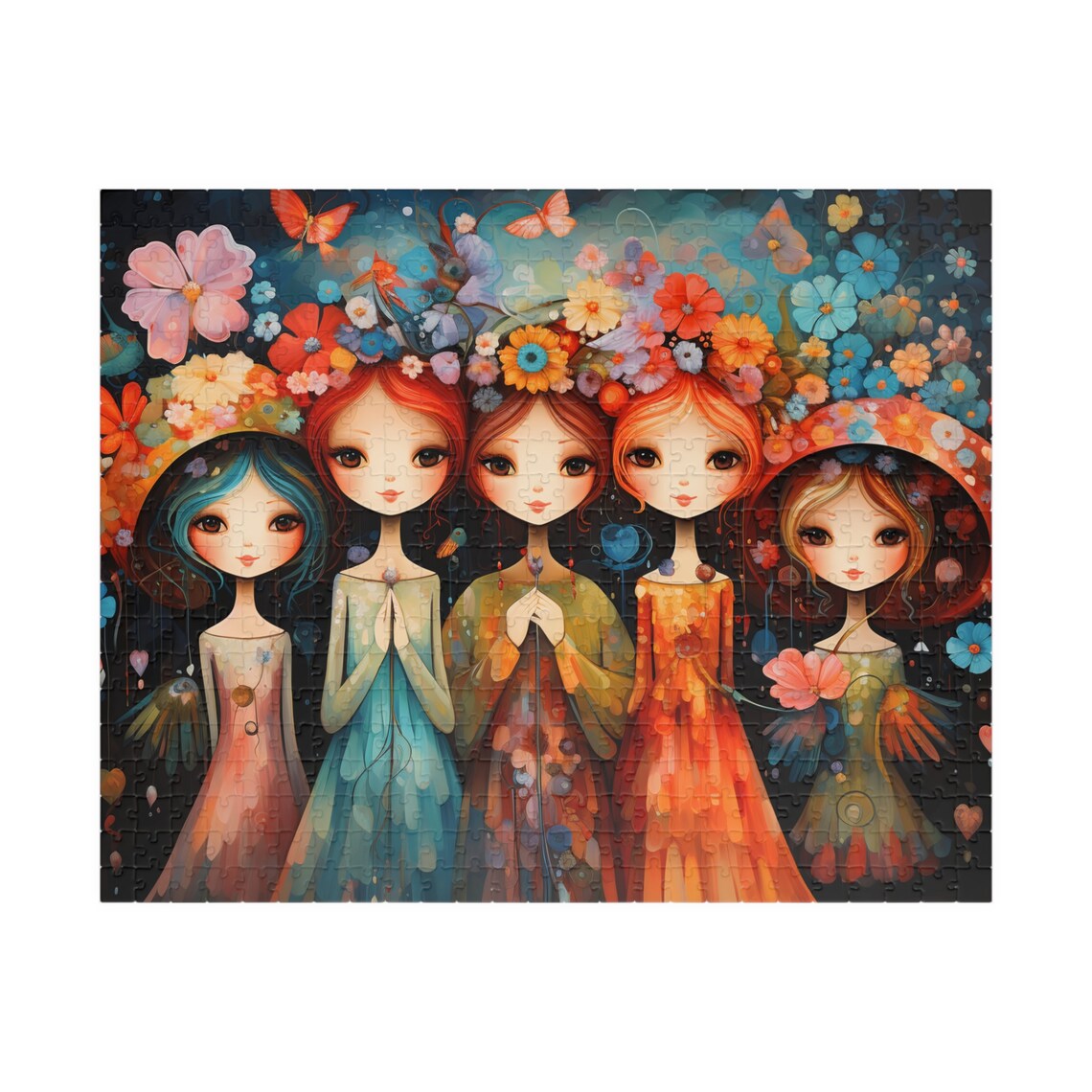 Five Whimsical Flower Girls in Colorful Gowns and Floral Crowns Print - Image 5