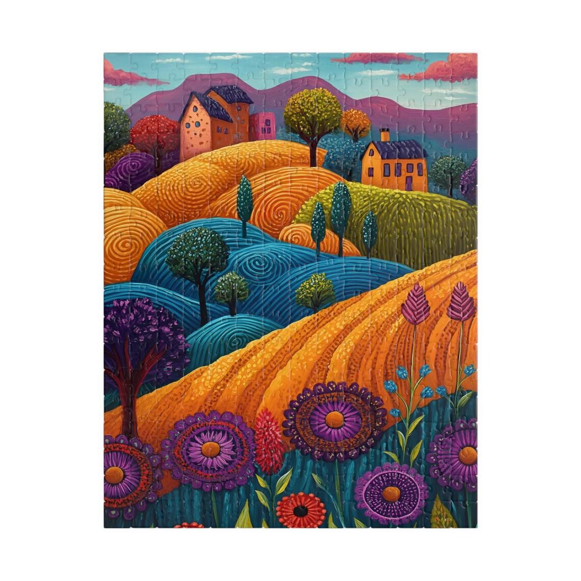 Folk Art Fall Landscape Golden Hills Purple Mountains and Flowers Poster - Image 5