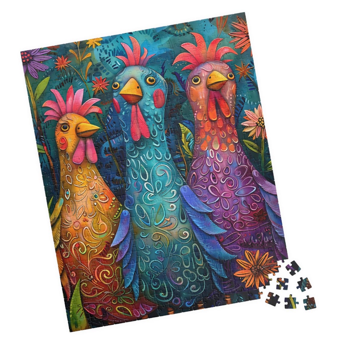 Three Colorful Chickens Whimsical Folk Art Fun Farm Bird Poster