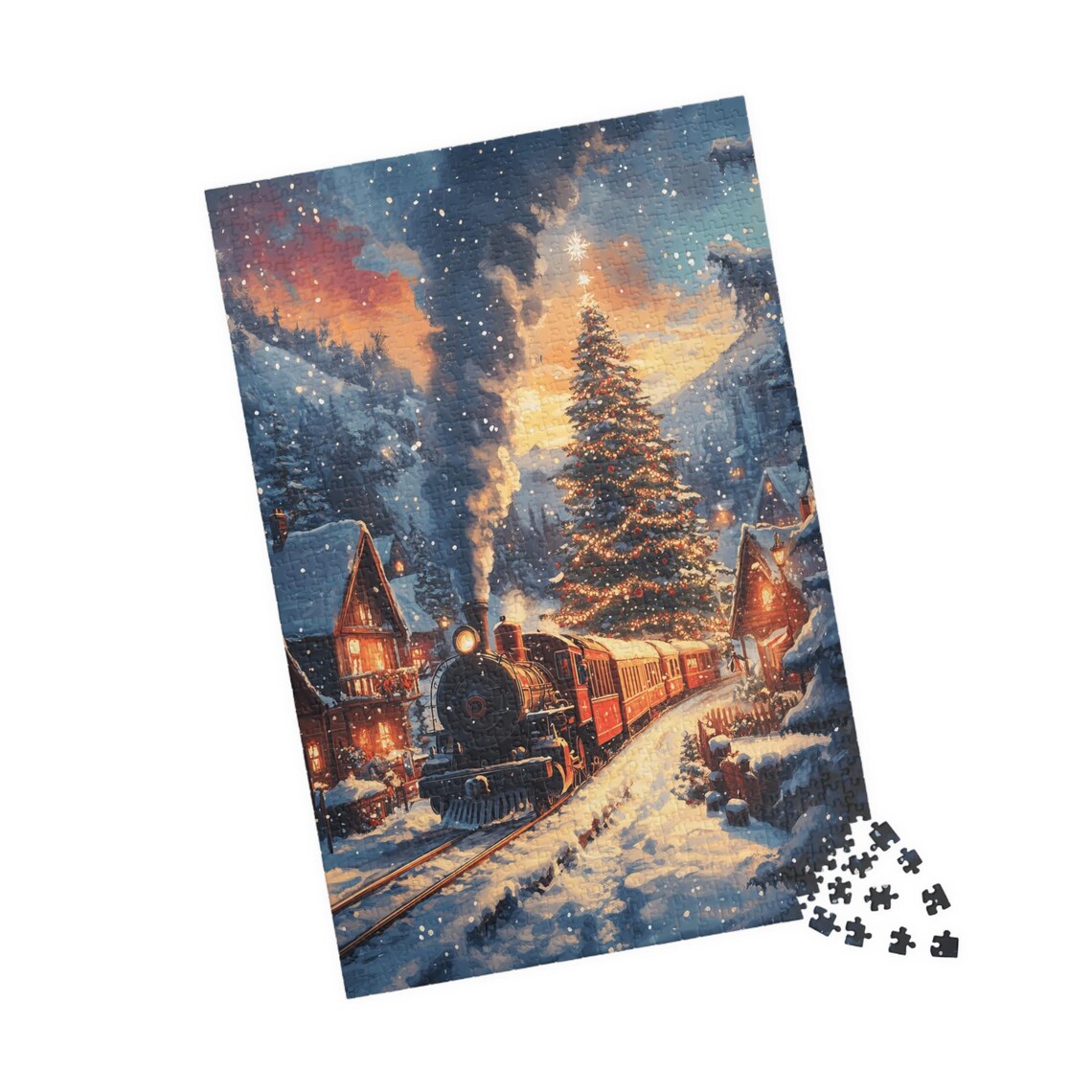 Christmas Village Steam Train at Sunset by Glowing Holiday Tree Poster - Image 4