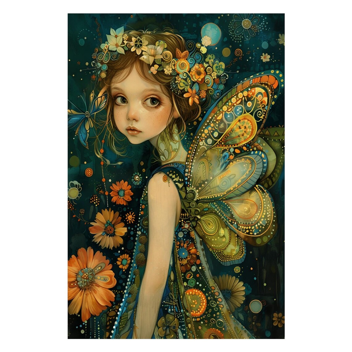 Night Fairy With Golden Peacock Wings And Flower Crown Dark Art Poster - Image 3