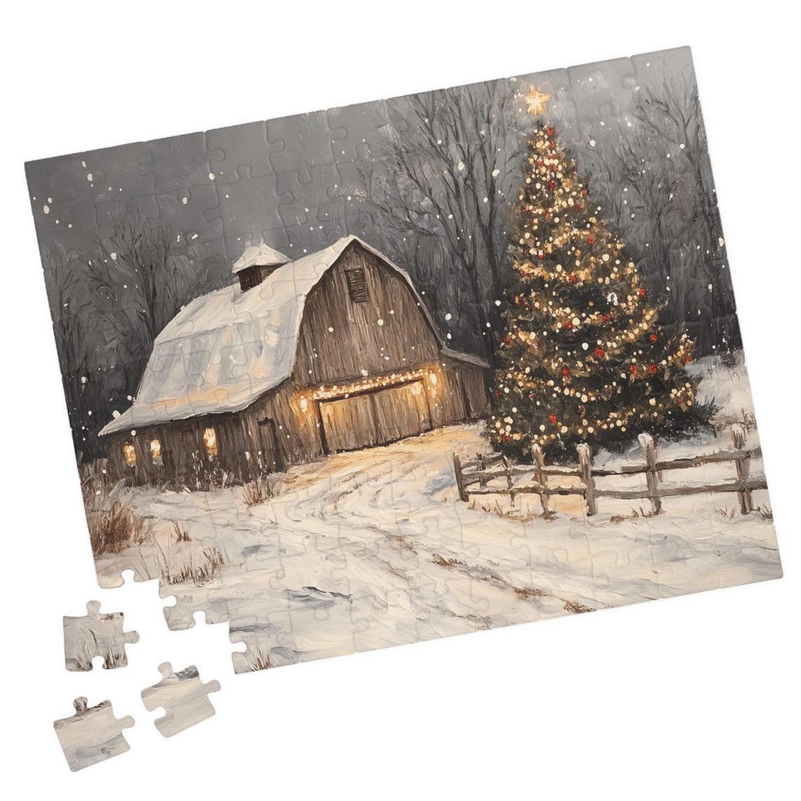 Snow Covered Barn Beside A Glowing Christmas Tree Winter Night Print